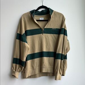 RVCA Women’s Tan and Green Striped Zippered Pullover Sweater